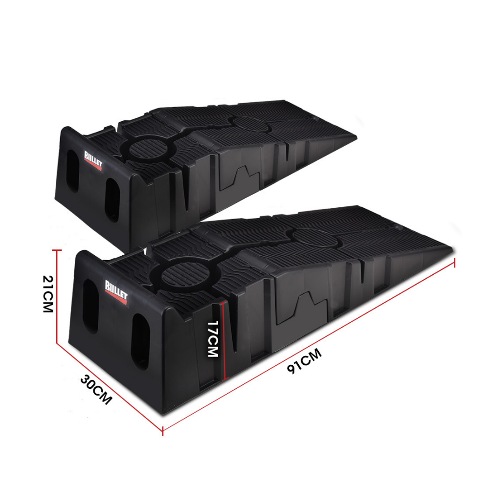 Two black car ramps with dimensions indicated on a white background