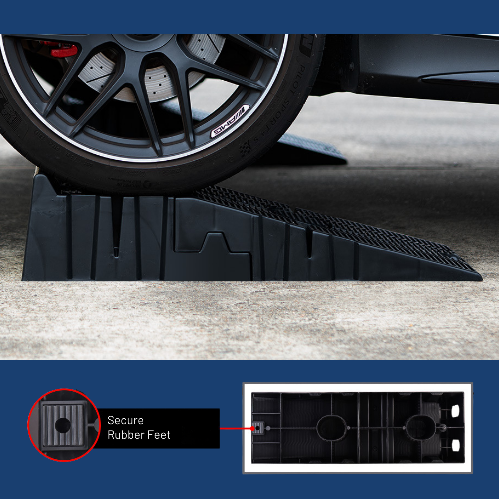 Car wheel on a black car jack with close-up details of secure rubber feet and tread pattern.