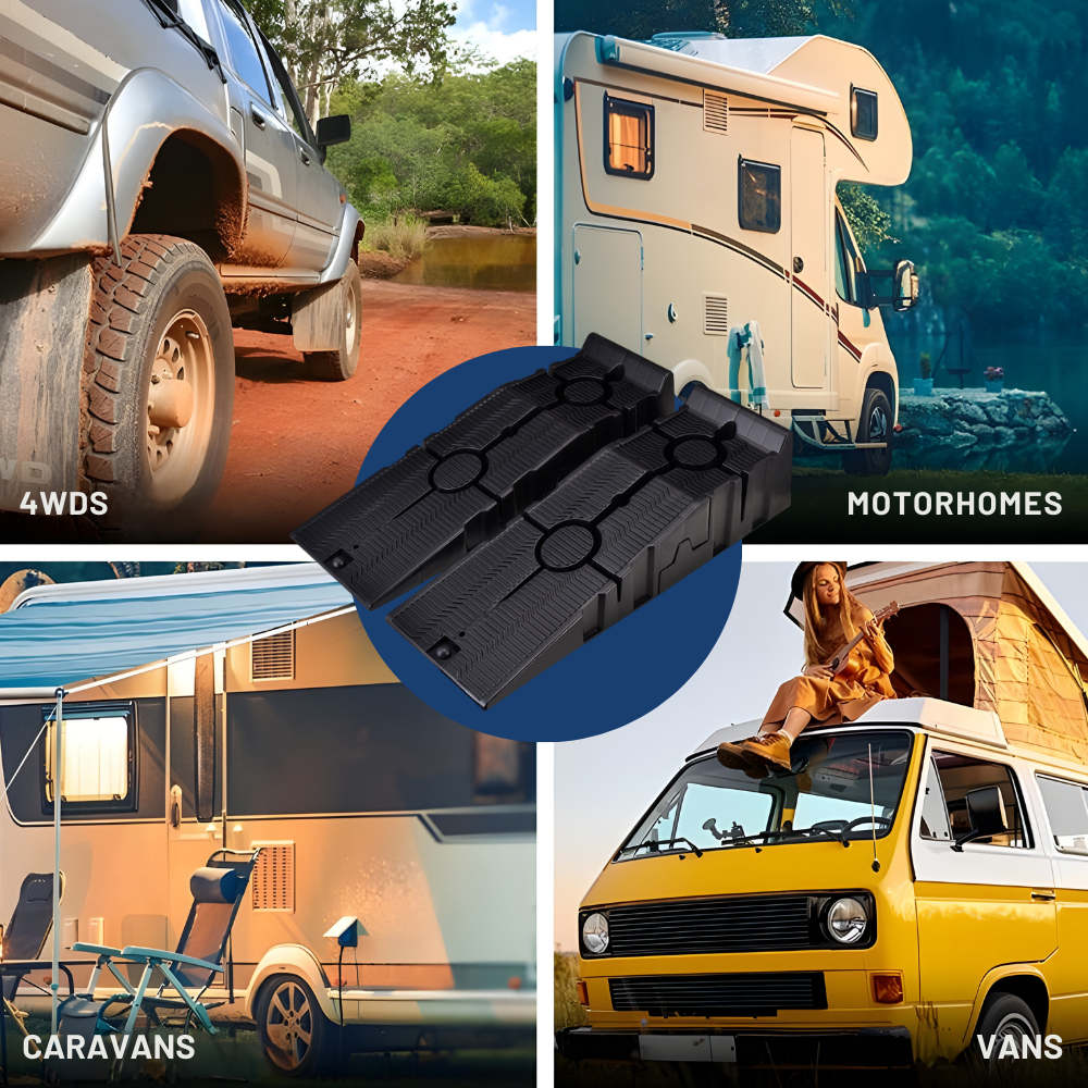 Collage of vehicles including 4WDS, motorhomes, caravans, and vans with a focus on black rectangular objects.