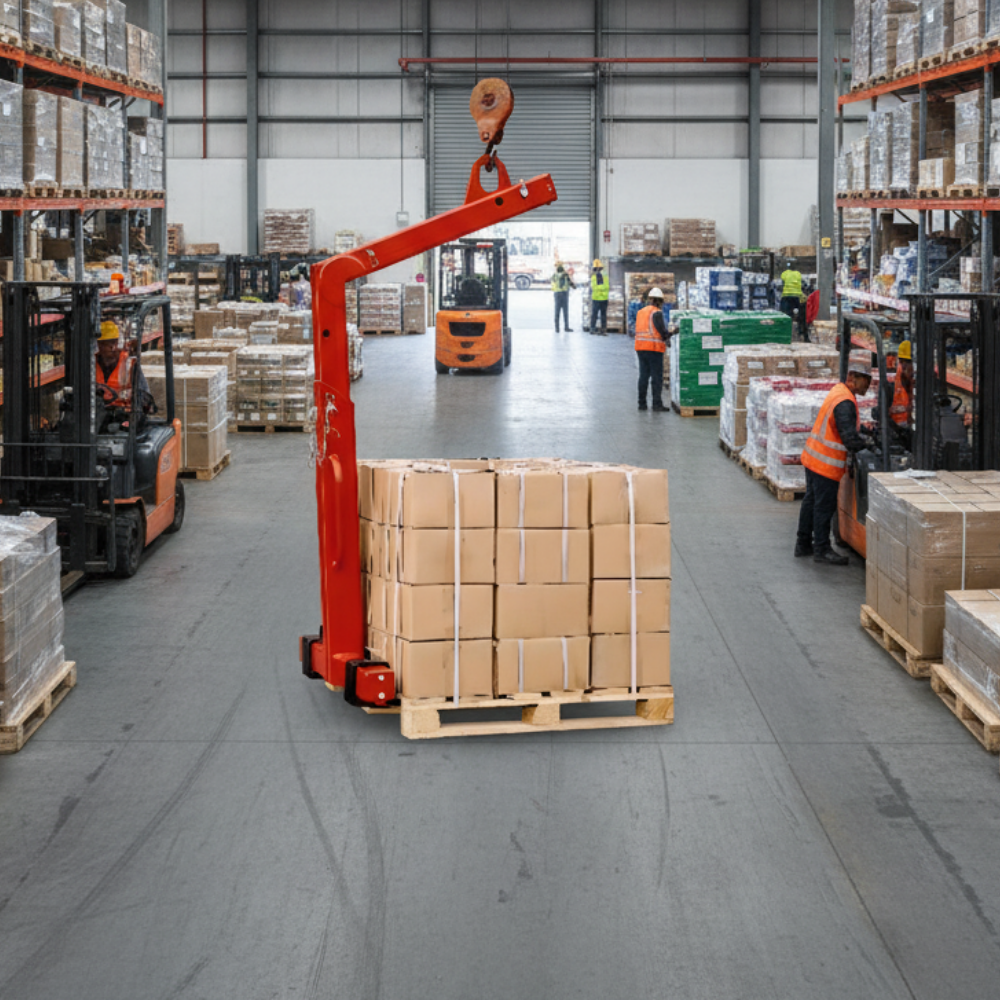Warehouse interior with forklifts and pallets of boxes