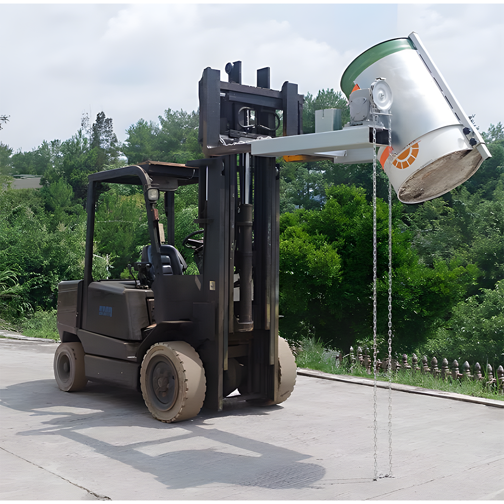 A forklift using the drum rotator to pour liquid from a steel or plastic drum outdoors. The drum is securely fastened, and the liquid is being dispensed with precision.