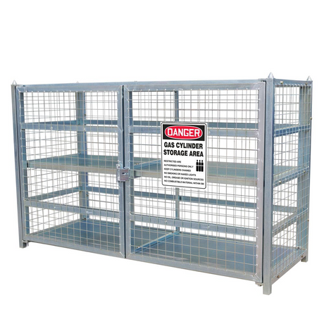 A large metal gas cylinder storage cage with wire mesh construction and a "Danger: Gas Cylinder Storage Area" sign prominently displayed on the front. It is shown in a clean, standalone setting, highlighting its structure.