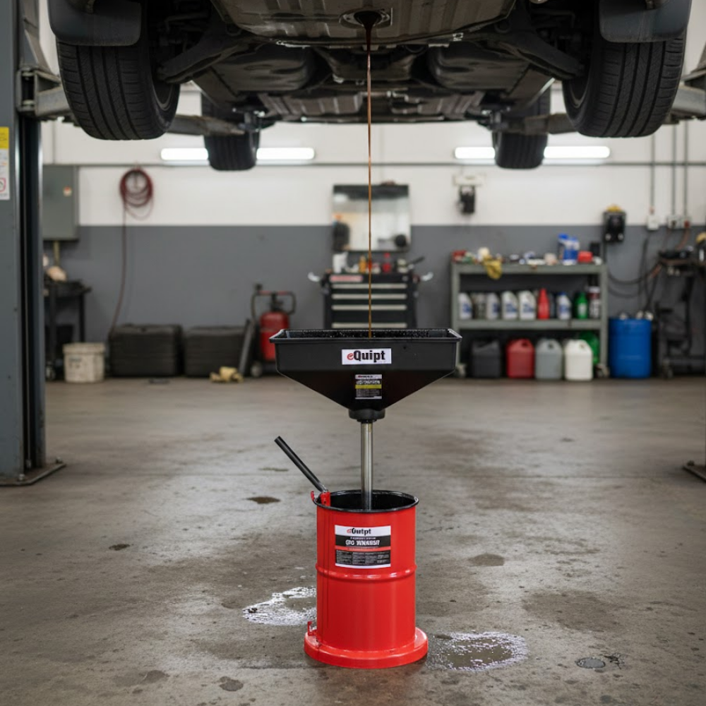 Car being serviced with an oil drain pan and funnel in a garage setting