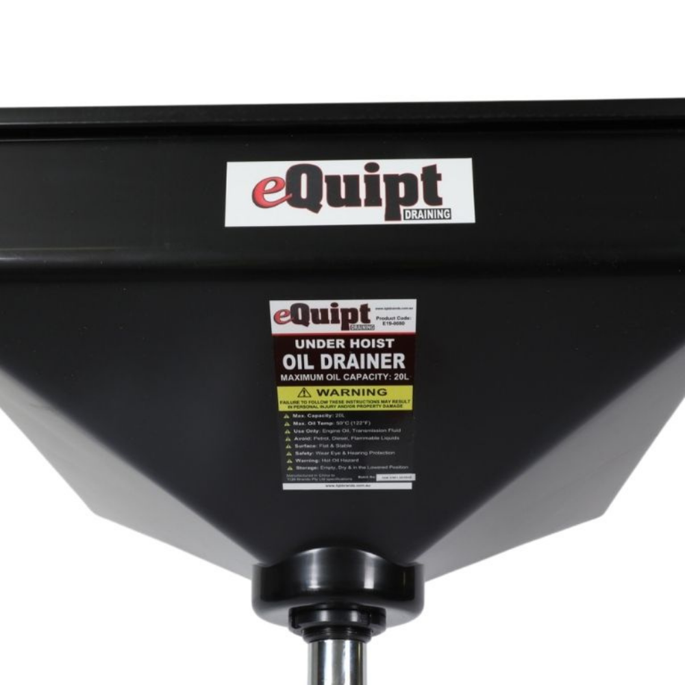 Black oil drainer with 'eQuipt' branding on a white background
