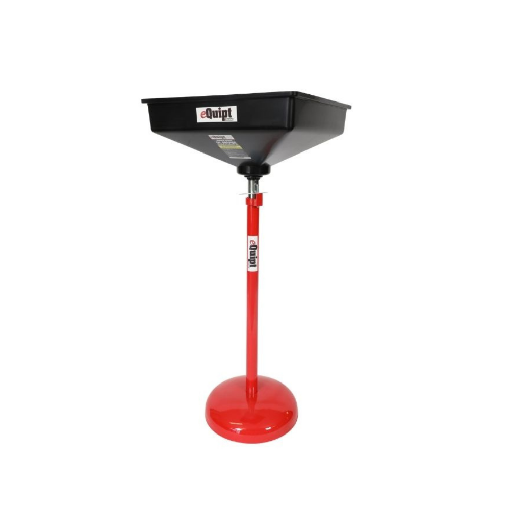 Black oil drain pan with red stand on a white background