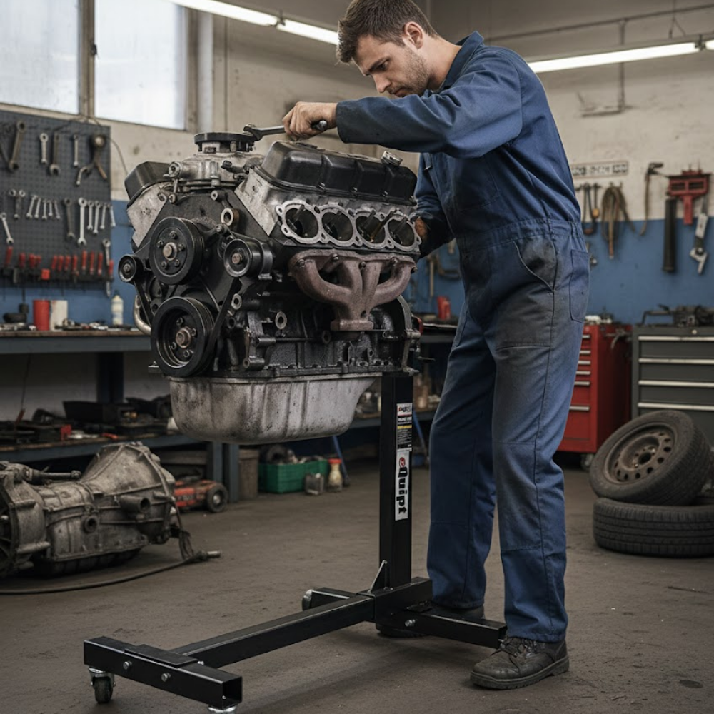 Mechanic working on a car engine in a workshop
