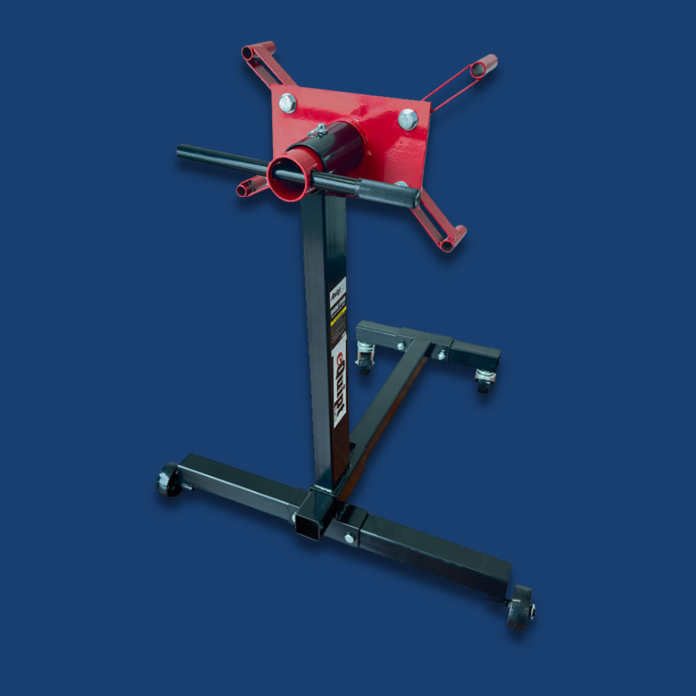Red and black eQuipt 450kg Engine Stand With Rotating Head stand on a blue background