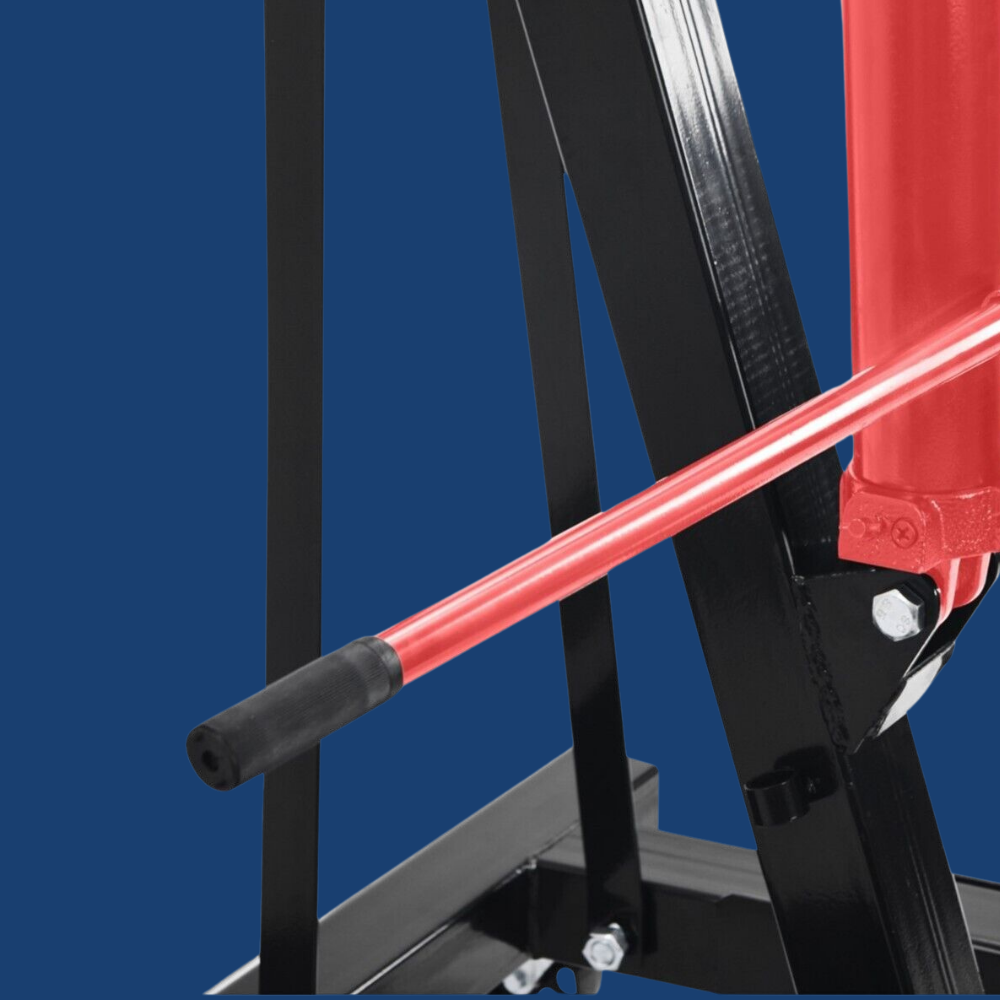 Close-up of a red and black tool on a blue background