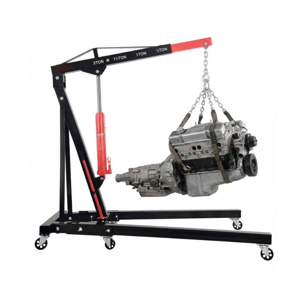 Engine hoist with a engine on a white background