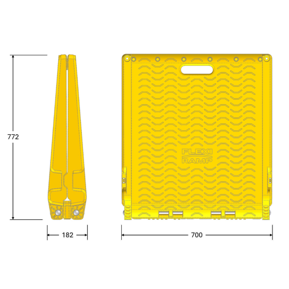 Side and front profile diagrams of the ramp showing dimensions.