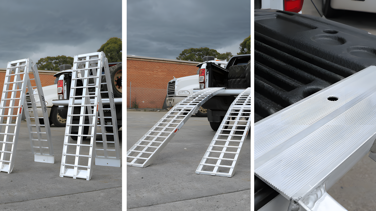 The image showcases three perspectives of aluminium folding ramps in use. The first shows the ramps standing upright in a folded position, the second highlights the ramps unfolded and set up for vehicle loading, and the third is a close-up shot focusing on the ramp's textured grip surface and pre-drilled hole for securing it in place.