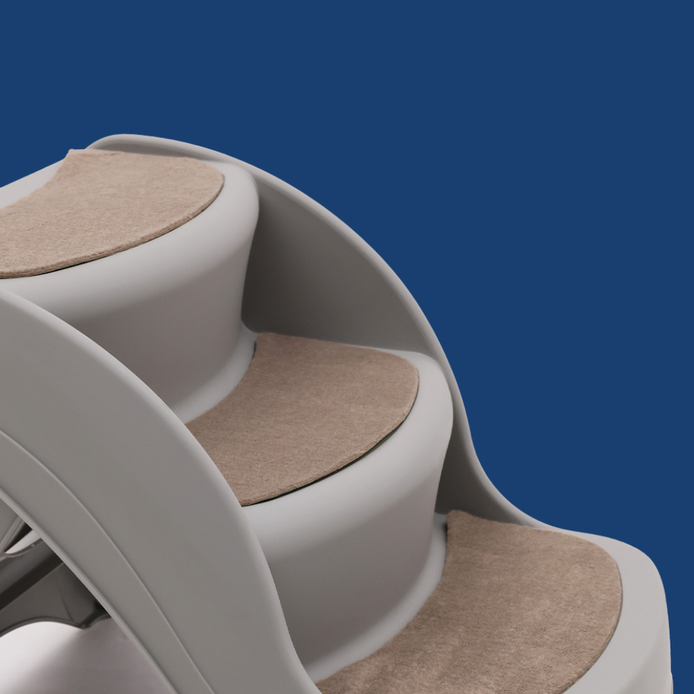 White chair with brown cushioned seats against a blue background