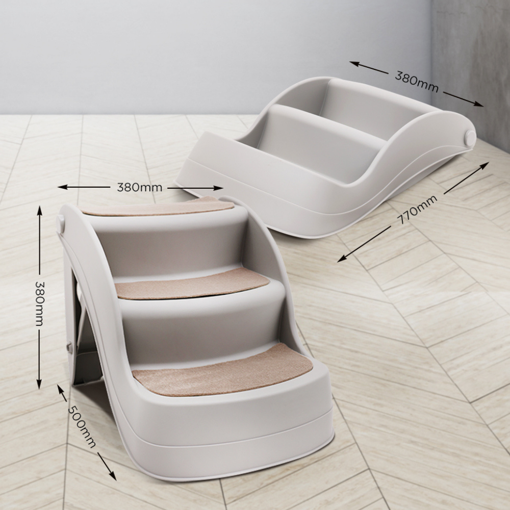 Pet steps with dimensions on a light wooden floor