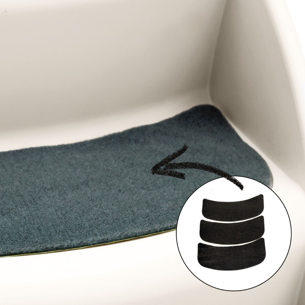 Gray bath mat with an arrow and inset showing texture details on a white background