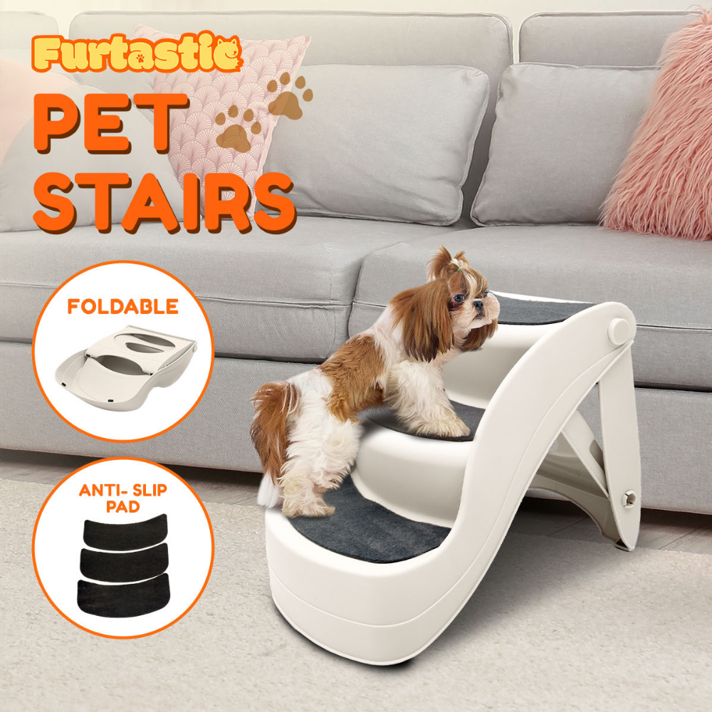 Pet stairs with a dog on them, placed in front of a gray sofa.