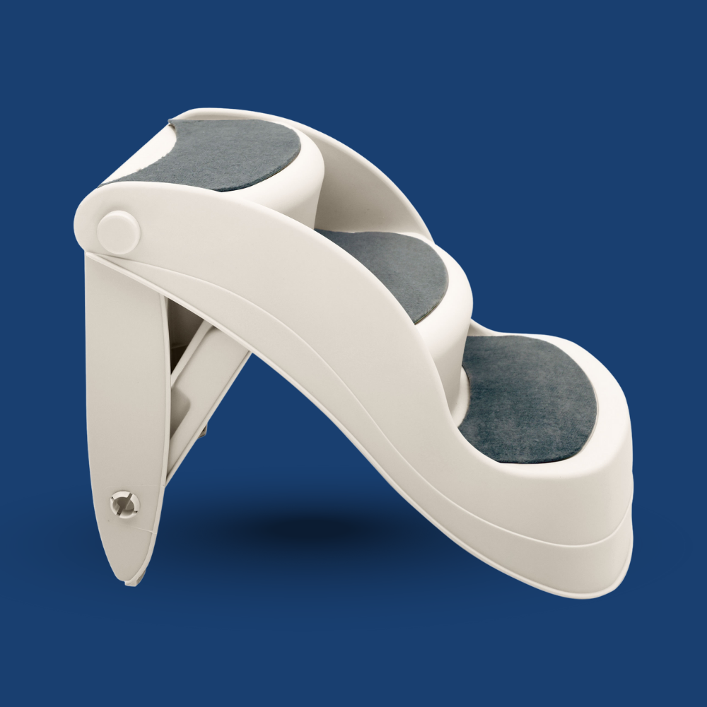 White shoe with gray insoles on a blue background