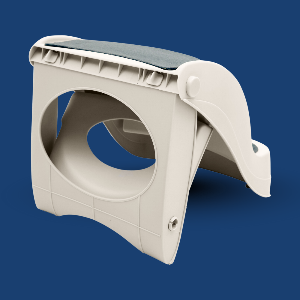 Beige pet step with gray cushion on a blue background