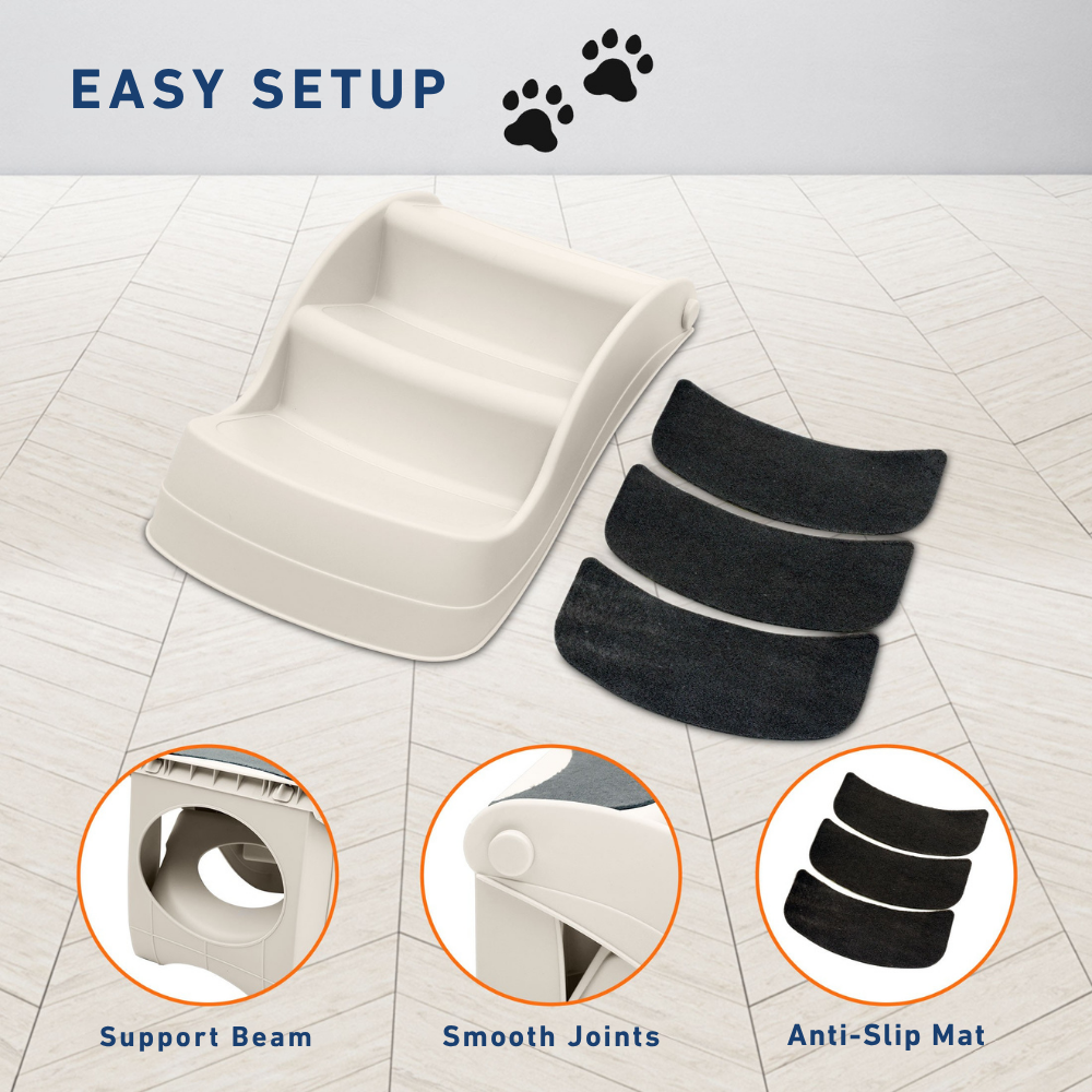 Pet step with support beam, smooth joints, and anti-slip mat on a tiled floor.