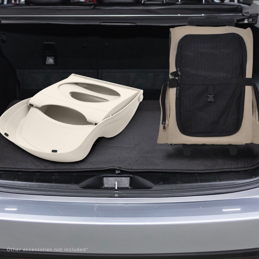 Car trunk with beige and black car seat accessories