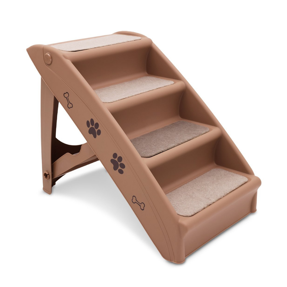 Brown pet stairs with paw prints and bone design on a white background