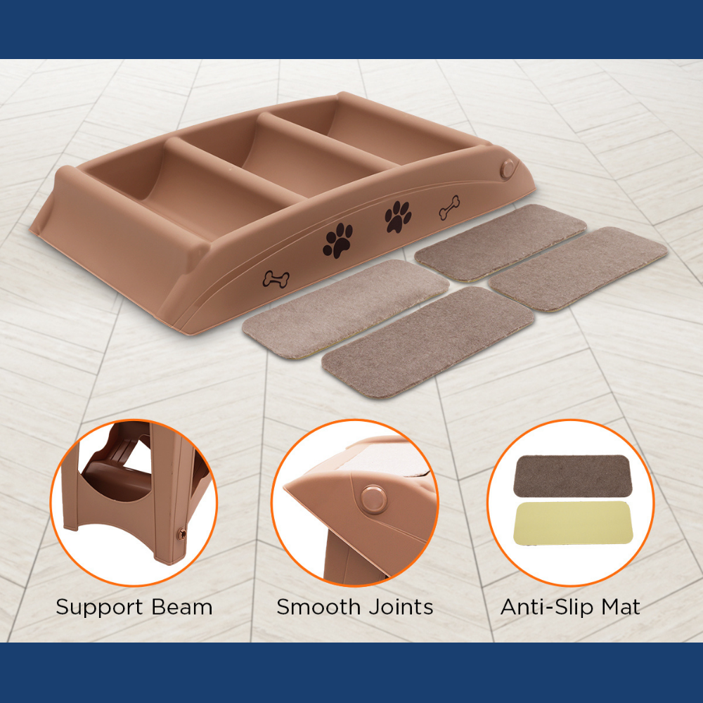 Dog feeding station with support beam, smooth joints, and anti-slip mat on a tiled floor.