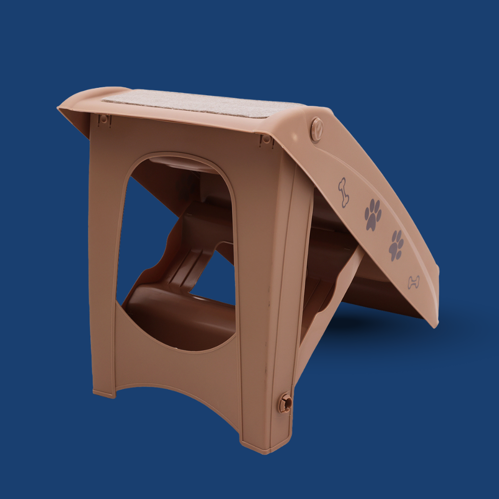 Brown pet step stool on a blue background