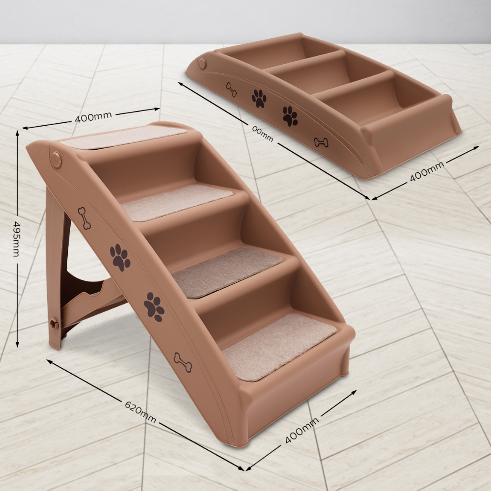 Brown pet stairs with dimensions on a light wooden floor