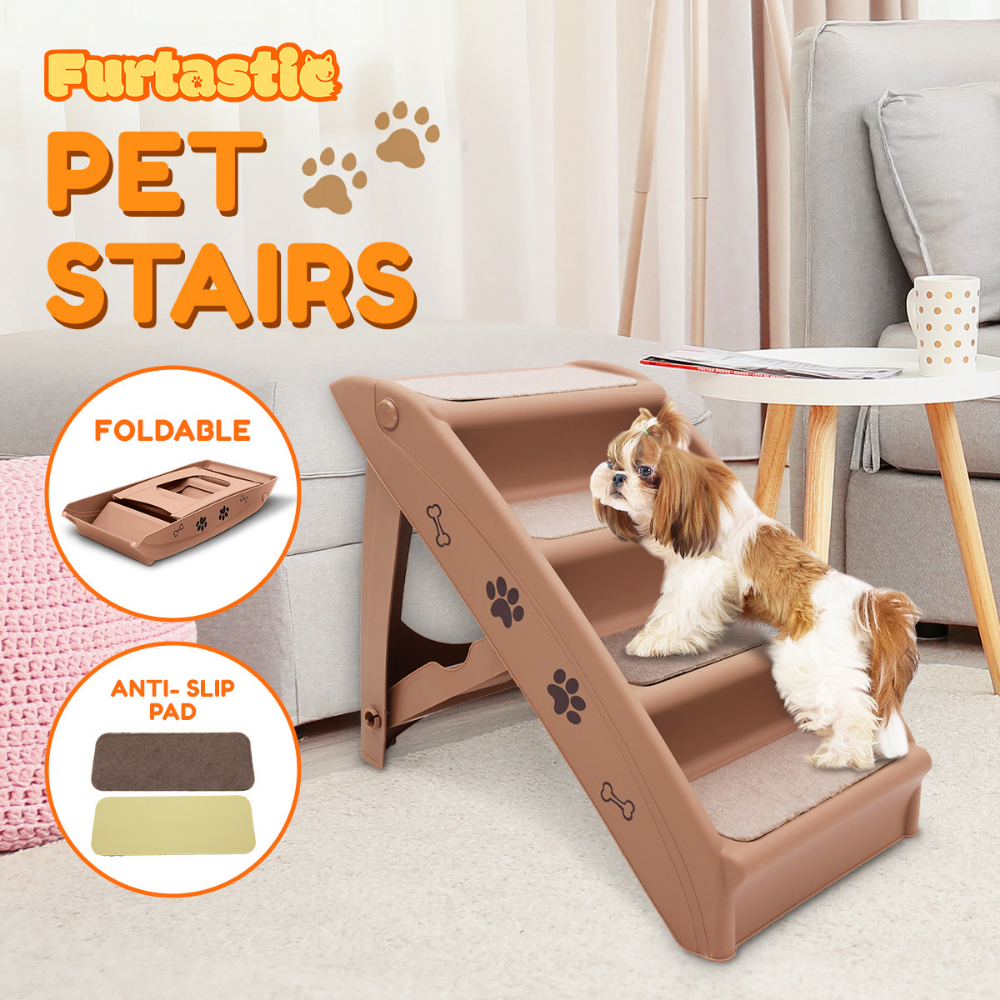Pet stairs with a dog on top in a living room setting, featuring foldable and anti-slip pad features.