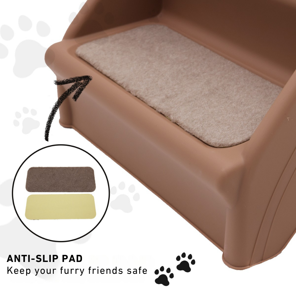 Brown pet step with beige anti-slip pad and paw prints on a white background