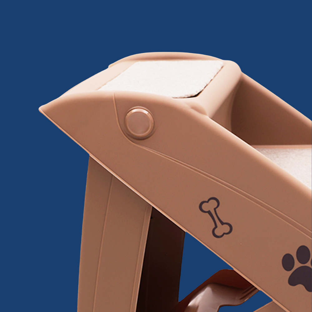 Brown pet step with paw and bone designs on a blue background