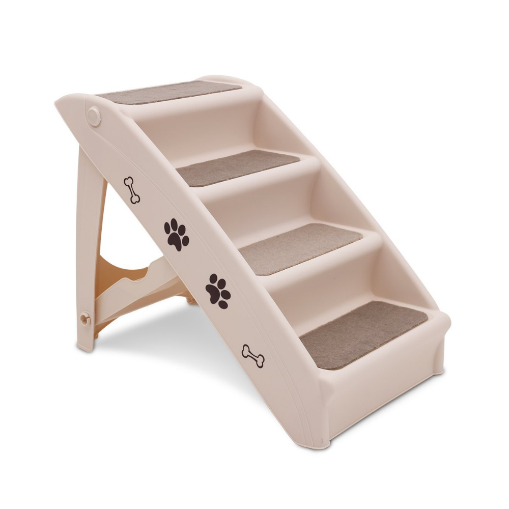 Beige pet stairs with brown steps on a white background