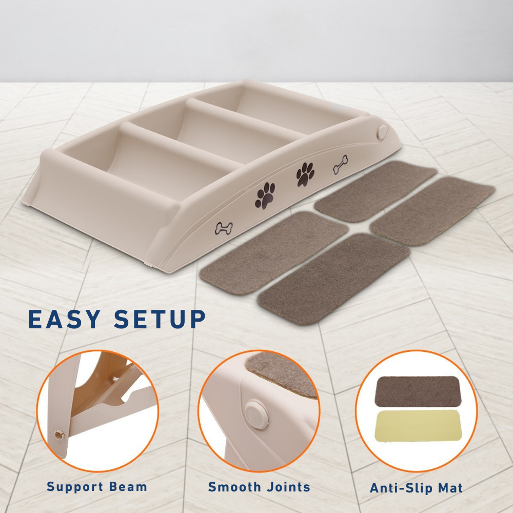 Pet ramp with anti-slip mats on a tiled floor, featuring 'Easy Setup' text and inset images of support beam, smooth joints, and anti-slip mat.