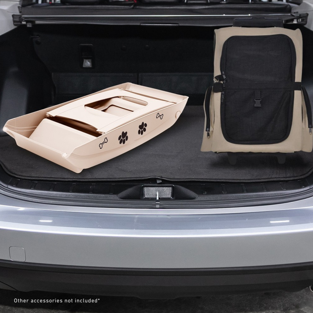 Pet car seat cover and tray in a car trunk