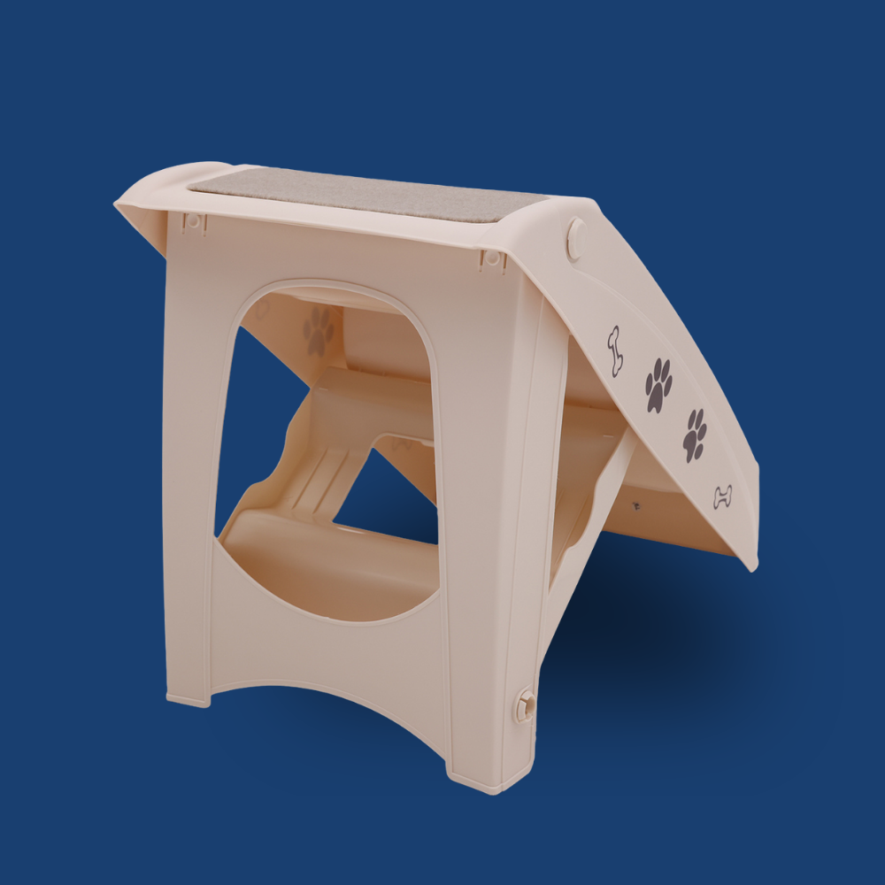 Beige pet door with paw prints on a blue background