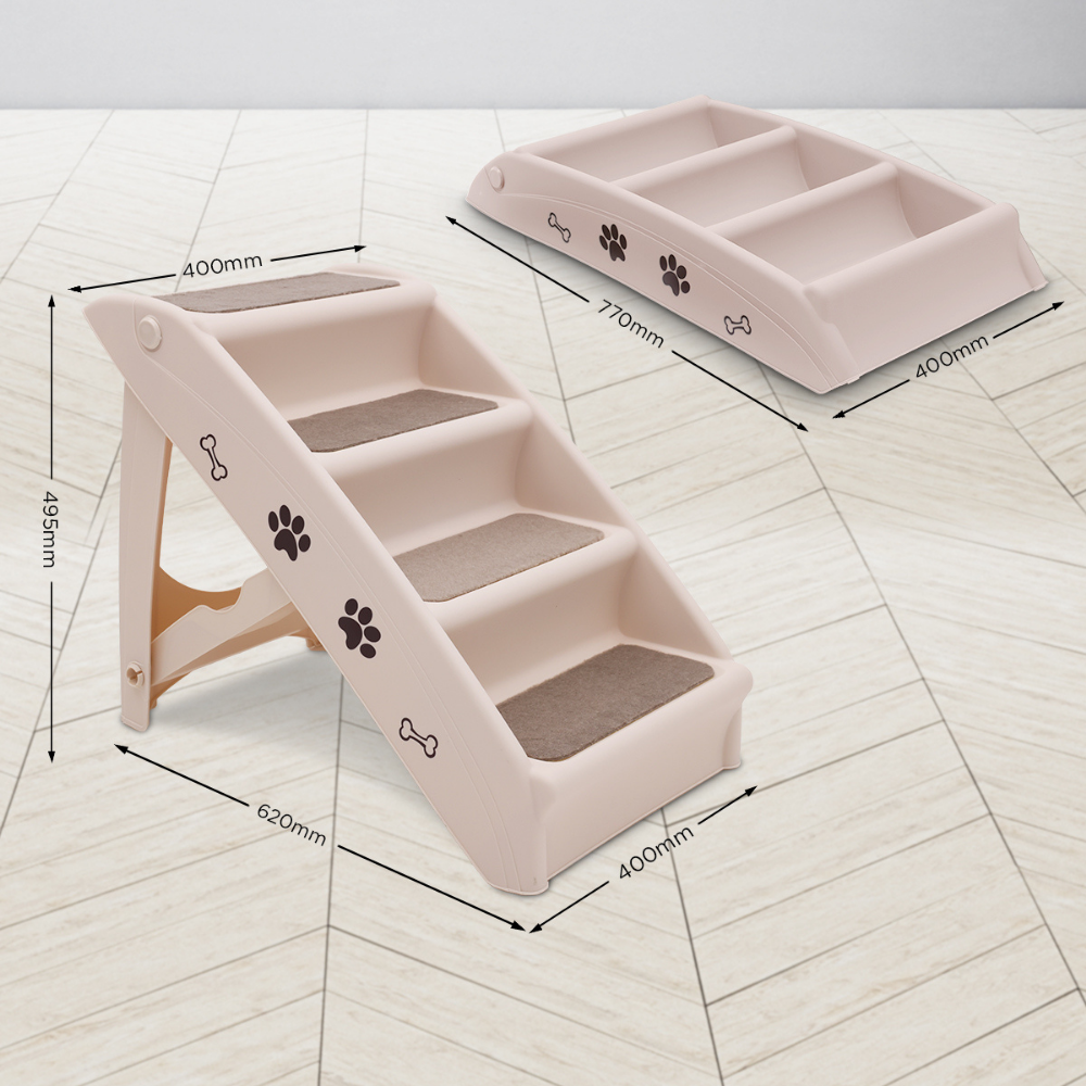 Pet steps with dimensions on a light wooden floor