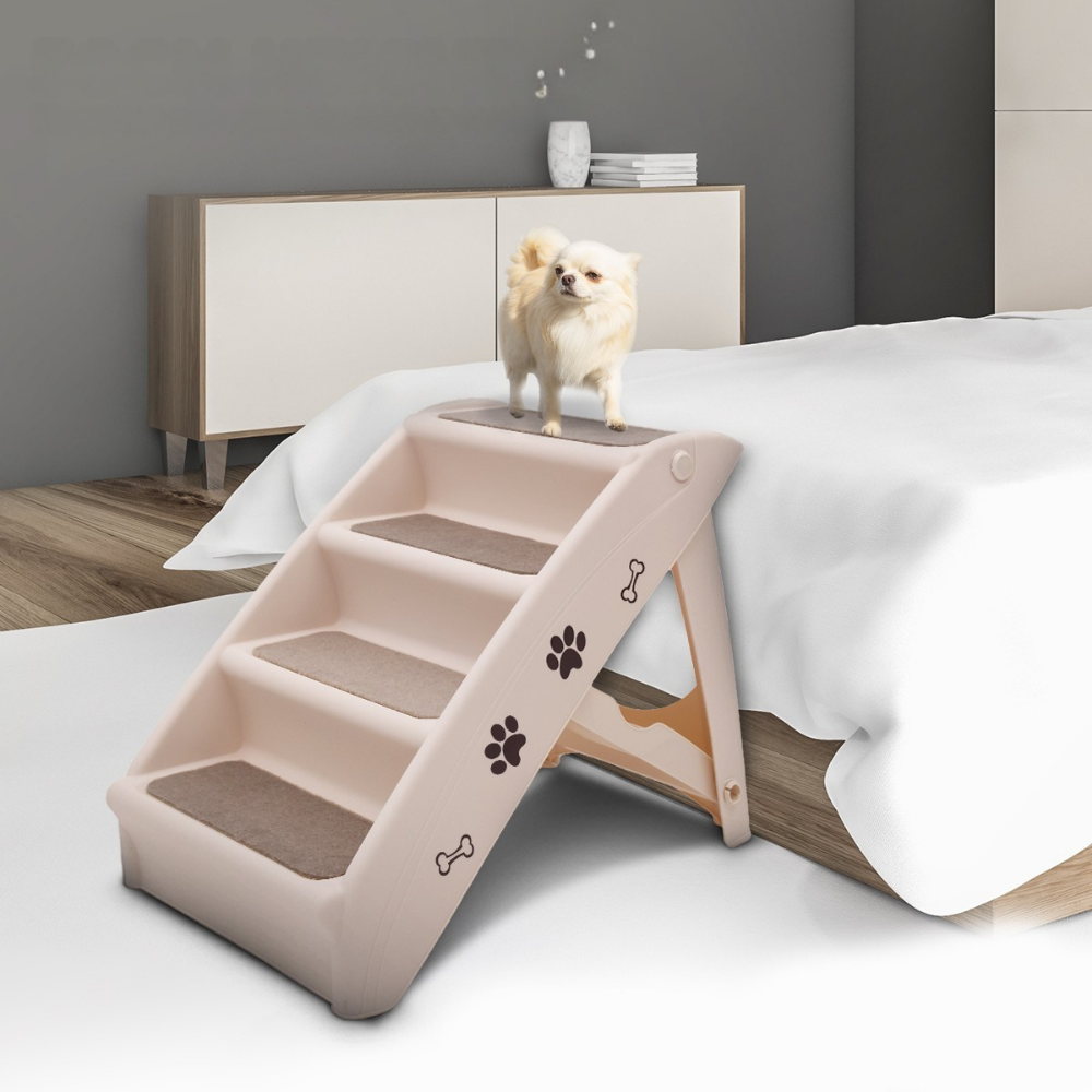 Pet steps leading up to a bed with a small dog on top, in a bedroom setting.