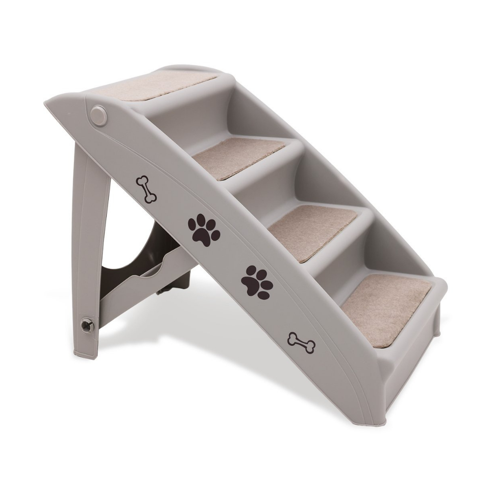 Pet steps with paw and bone designs on a white background