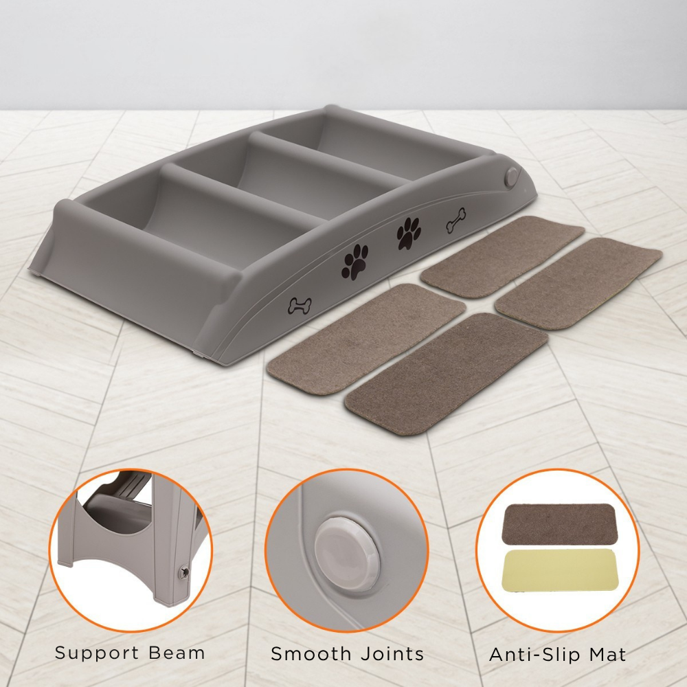 Dog ramp with anti-slip mats on a tiled floor, showing support beam, smooth joints, and anti-slip mat details.