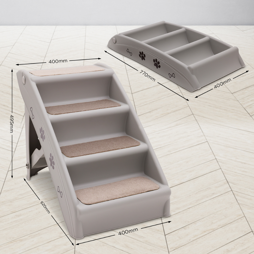 Pet steps with dimensions on a tiled floor