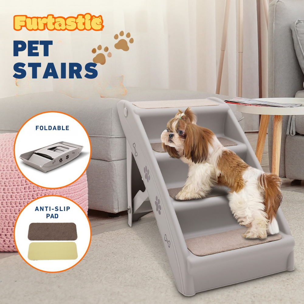 Furtastic pet stairs with a dog on them, featuring foldable and anti-slip pad features.