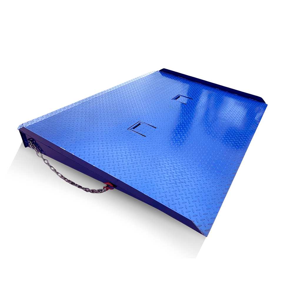 A blue Heeve industrial-series forklift container ramp with anti-skid surface, attached to a shipping container using chains, and a forklift is partially visible behind it.