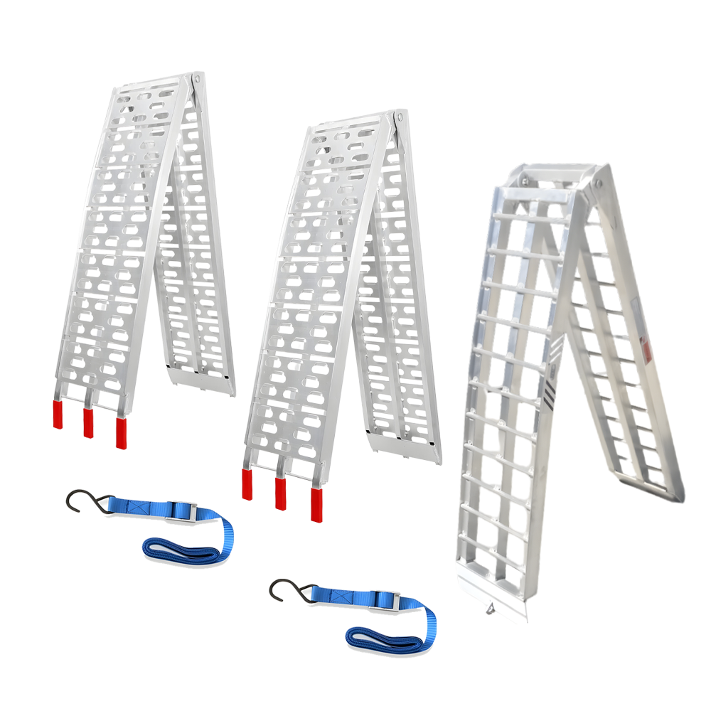 This image displays a set of folding aluminium loading ramps. Two of the ramps have perforated surfaces with red tips, which likely serve as stabilisers or grip points for securing the ramps in place. Each ramp includes a blue securing strap with hooks, ensuring safety during transportation or loading. The third ramp features a traditional slatted design. All ramps are designed to be sturdy and foldable for easy storage and mobility.