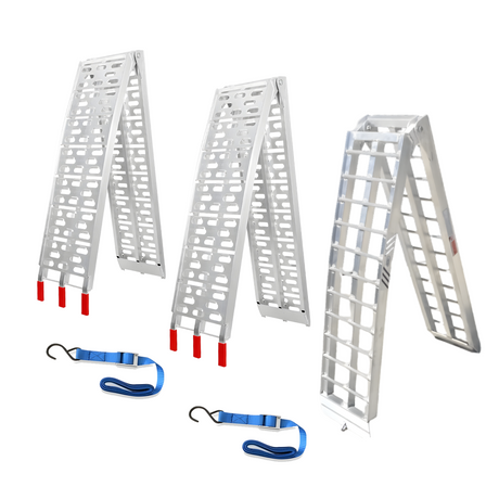 This image displays a set of folding aluminium loading ramps. Two of the ramps have perforated surfaces with red tips, which likely serve as stabilisers or grip points for securing the ramps in place. Each ramp includes a blue securing strap with hooks, ensuring safety during transportation or loading. The third ramp features a traditional slatted design. All ramps are designed to be sturdy and foldable for easy storage and mobility.