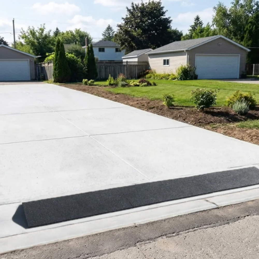 A black rubber driveway slope ramp installed on a concrete driveway in a suburban neighborhood with houses, lawns, and trees in the background.