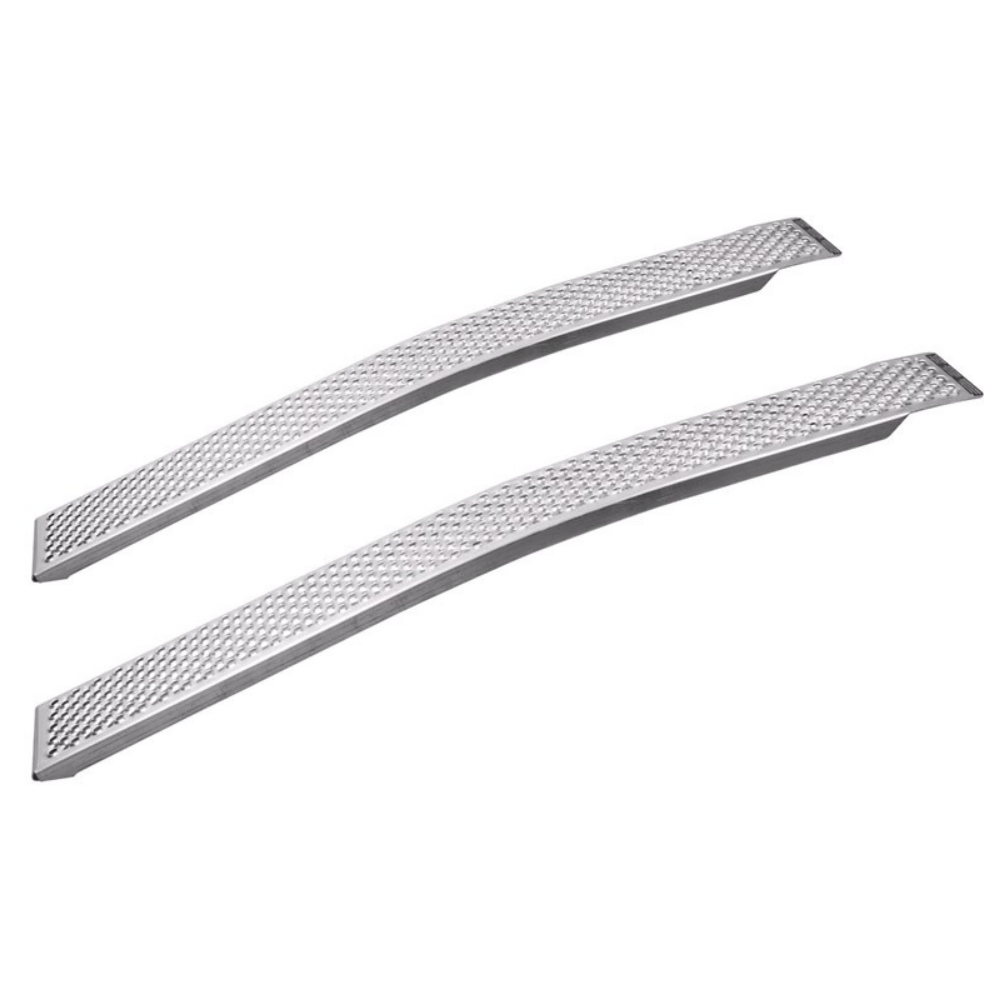 A pair of curved aluminium ramps with a textured, punched mesh surface for grip, displayed on a white background.