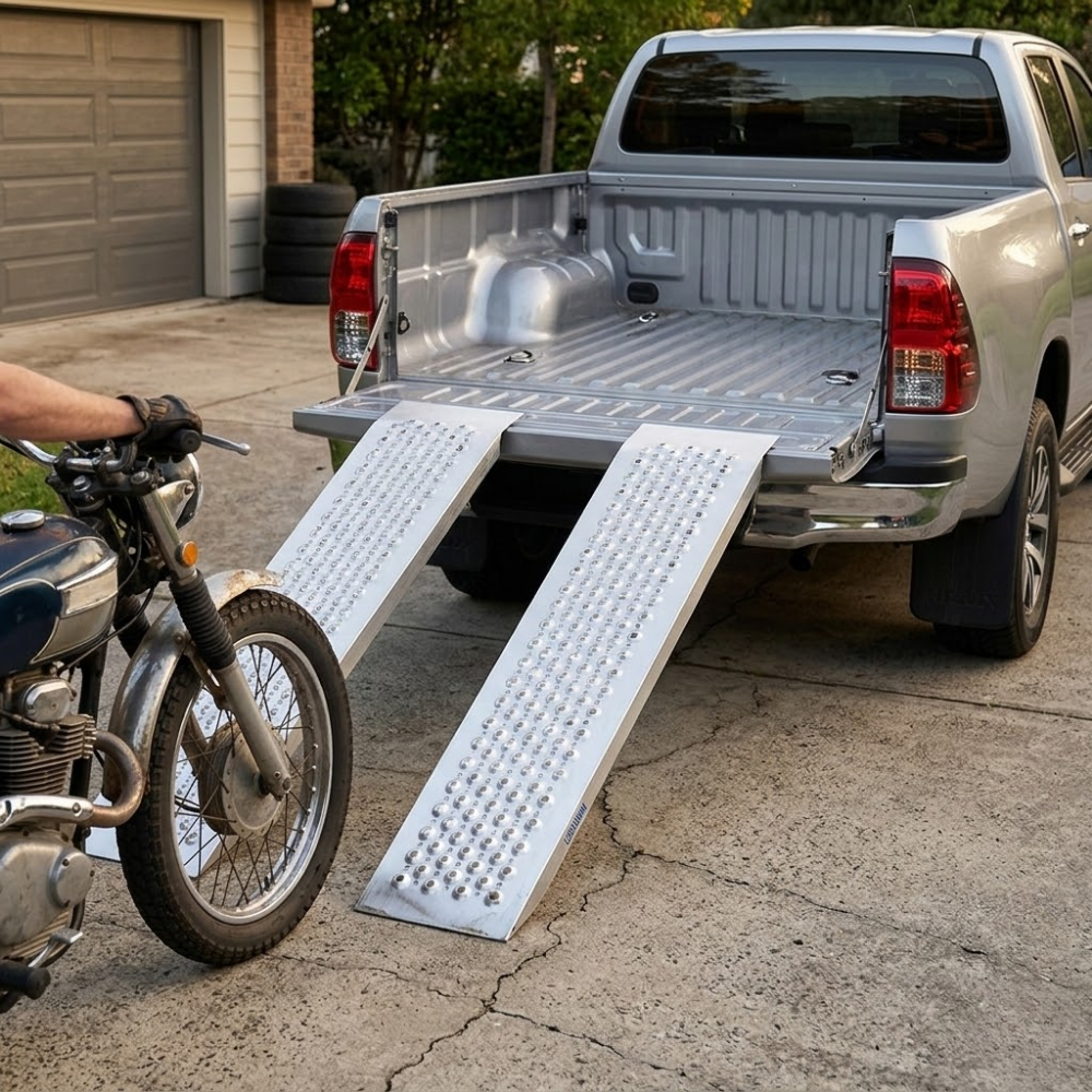 Motorcycle being loaded onto a truck using a ramp on a driveway.