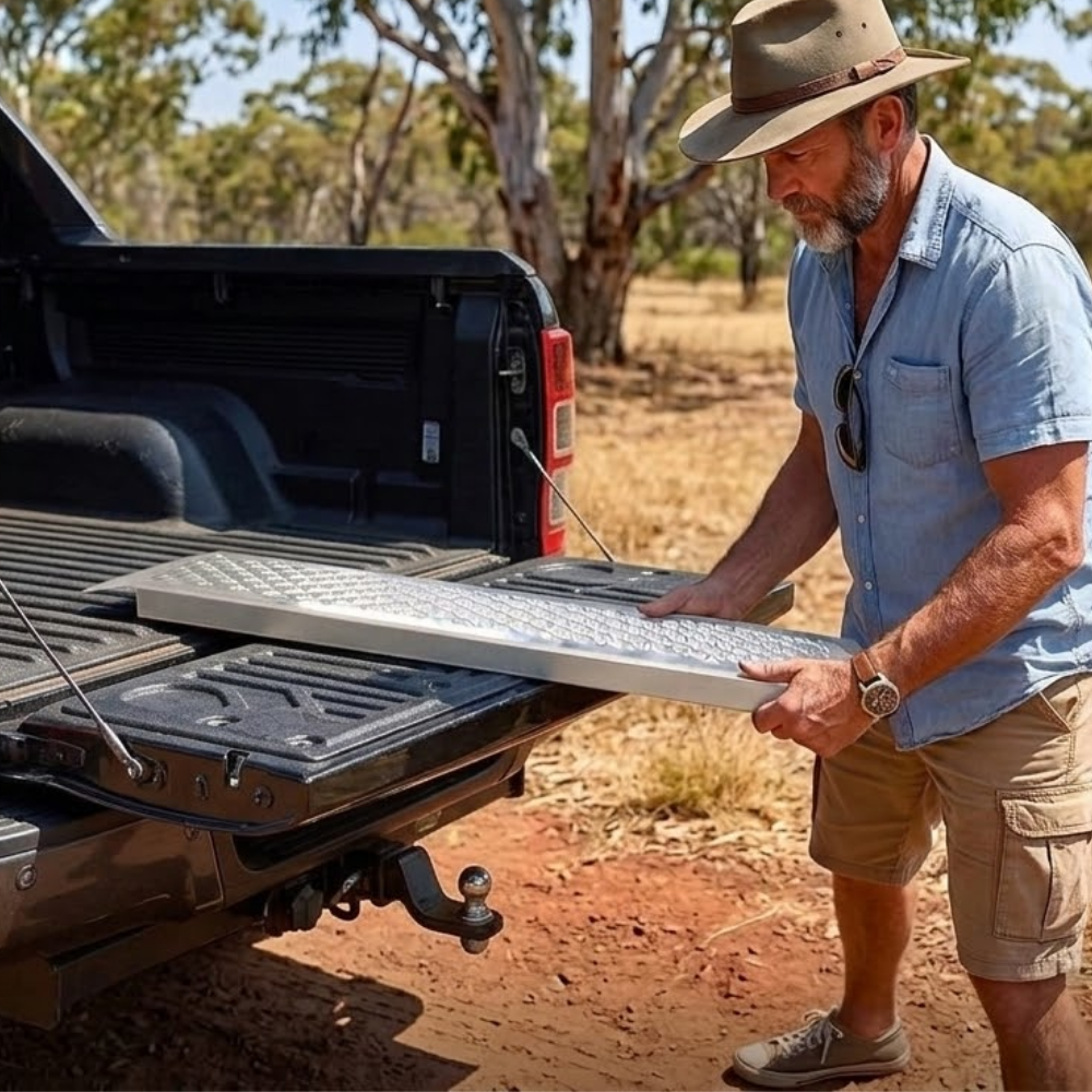 Man in a hat and light shirt standing next to an open truck bed with a white board, in a natural outdoor setting.