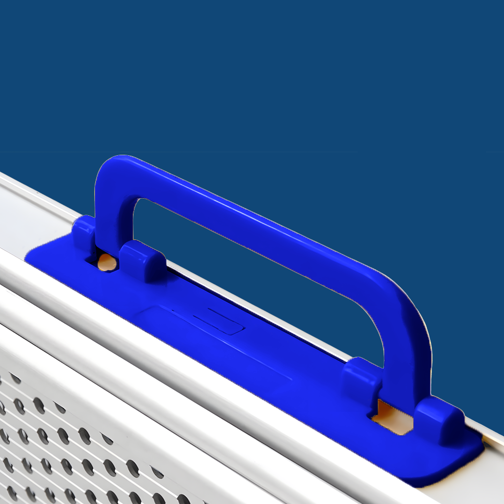 Detailed view of the blue carrying handle on the Heeve ramp, with smaller insets showing the handle in use, highlighting its portability