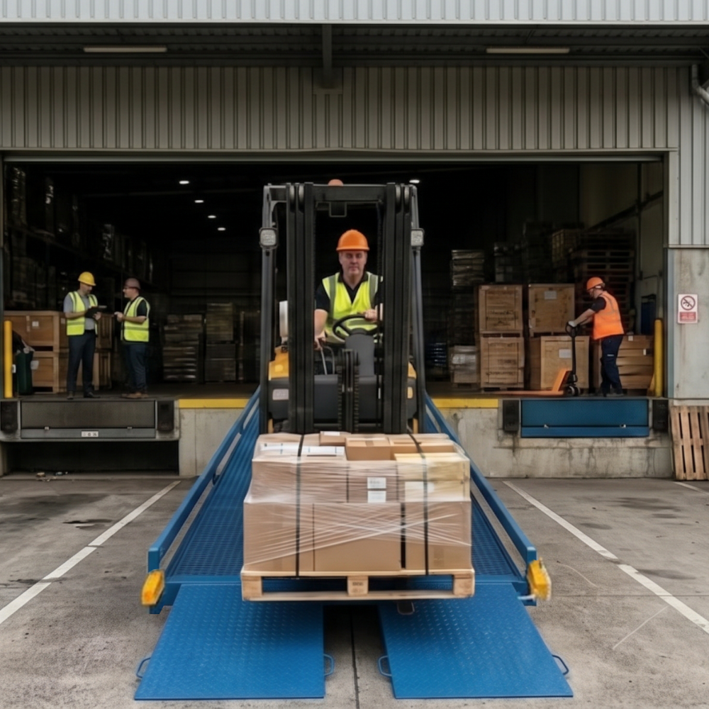 A forklift carrying a palletized load of cardboard boxes on a blue industrial ramp at a warehouse loading dock, with workers visible in the background.