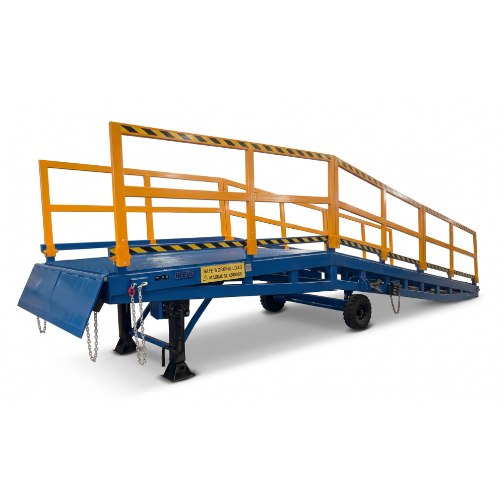 A blue and yellow industrial yard ramp with safety railings and yellow-black hazard stripes, shown on a clean white background.